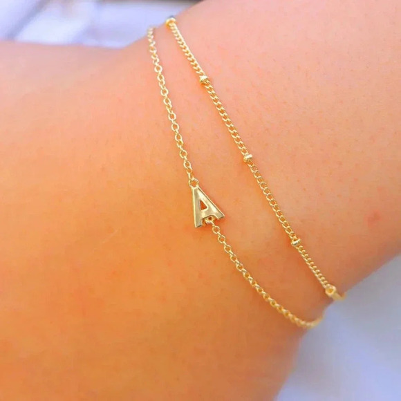 ▶ LIMITED EDITION!! Letter A-Z Initial Gold Bracelet 2 Layered Chain, ELDM22188 - Picture 9 of 16